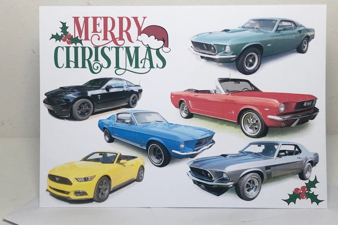Ford Mustang Classic Cars Xmas Cards 5x7 - Merry Christmas or Seasons Greetings