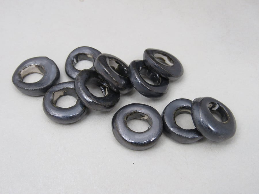 10 Medium Metallic Silver Glazed Ceramic Donut Beads