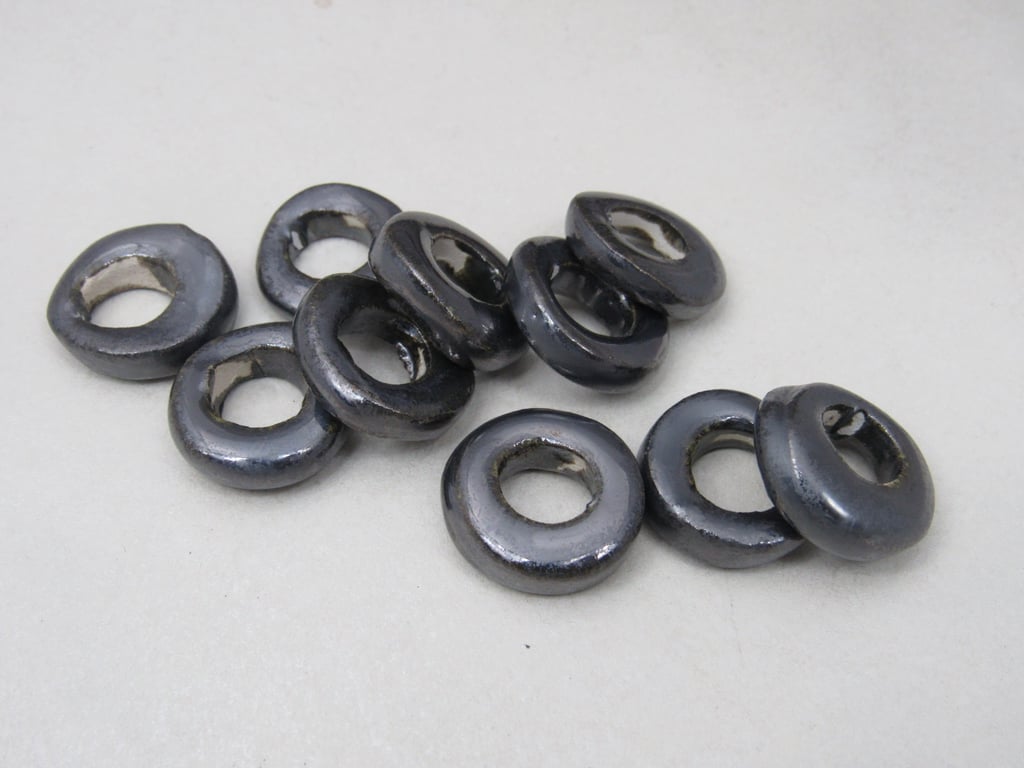 10 Medium Metallic Silver Glazed Ceramic Donut Beads