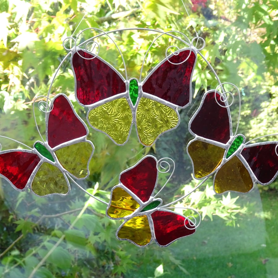 Stained Glass Butterfly Ring - Handmade Hanging Decoration - Red and Amber