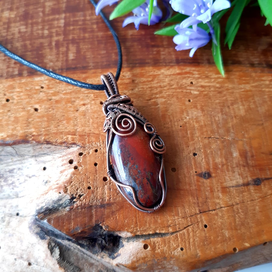 Bloodstone Copper Wire Wrapped Pendant Necklace