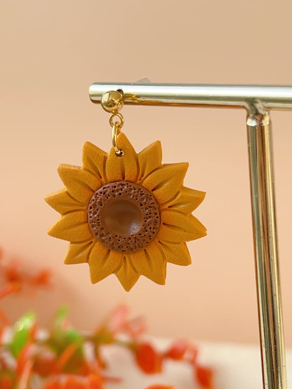 Sunflower Dangle Earrings, Polymer Clay Gift for Nature Lovers, Gold Ball Plate