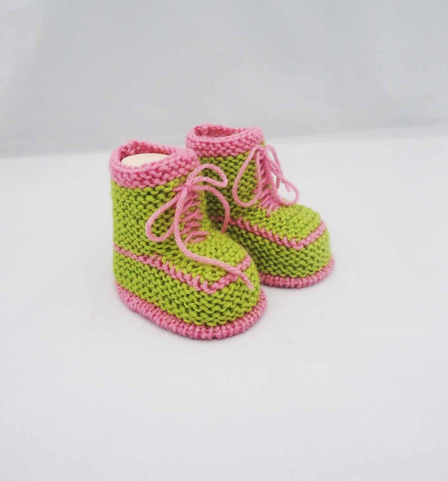 Baby Booties, Knit Trainers for Baby, Green and Pink Booties