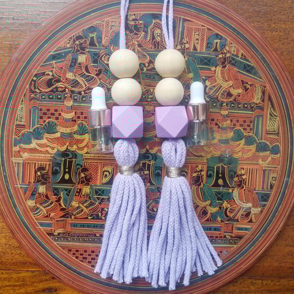 Car air freshener, essential oil, handmade macrame rearview mirror charm - lilac