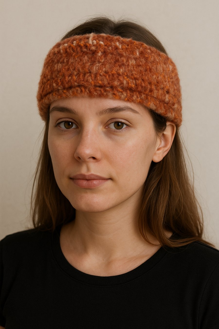 Brown handknitted earwarmers lacy pattern