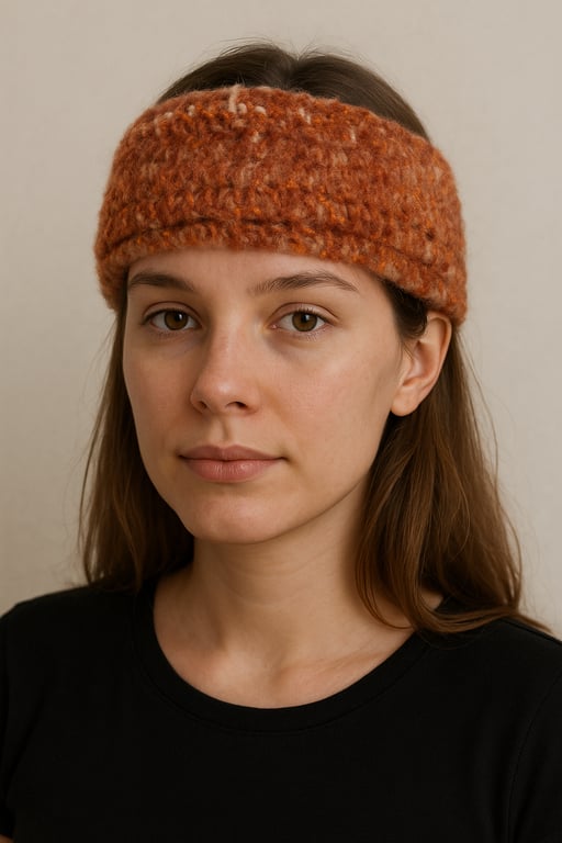 Brown handknitted earwarmers lacy pattern