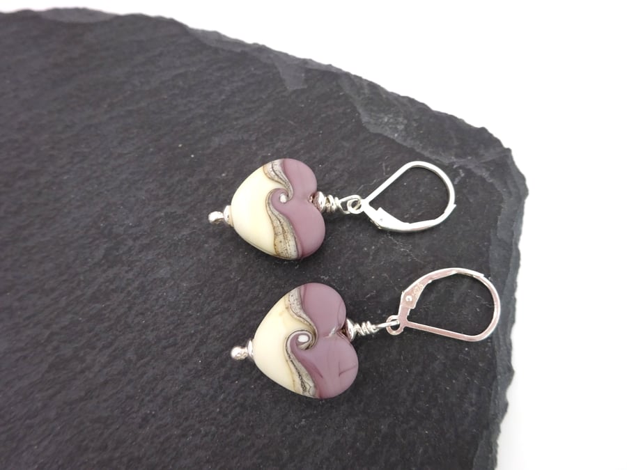 purple heart lampwork glass earrings, lever back