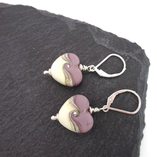 purple heart lampwork glass earrings, lever back