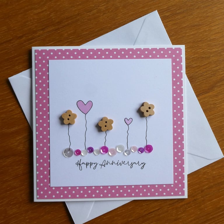 Happy Anniversary Card - Hearts, Flowers and Sequins - Bright Pink