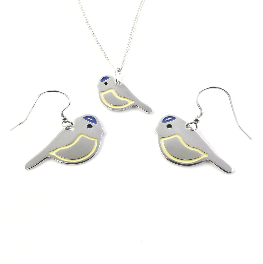 Blue tit jewellery set - small pendant and drop earrings (sterling silver)