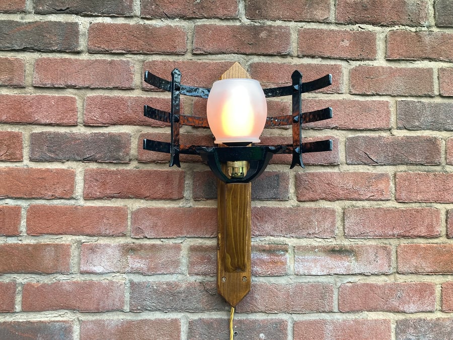 Torchiere Wall Sconce, Medieval Look, Reclaimed Wood and Ironwork