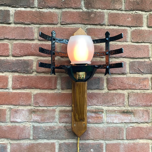 Torchiere Wall Sconce, Medieval Look, Reclaimed Wood and Ironwork
