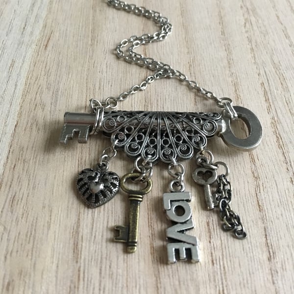 Upcycled vintage key - filigree heart and mini key statement necklace 