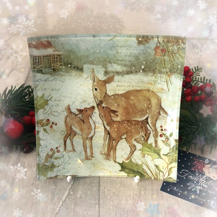 Decoupaged Glass Christmas Sweet Dish or trinket dish deer family scene 