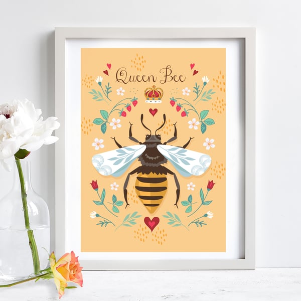 Queen Bee, Honey Bee Illustration Print A4 Unframed, Nursery Wall Art, Kids Art