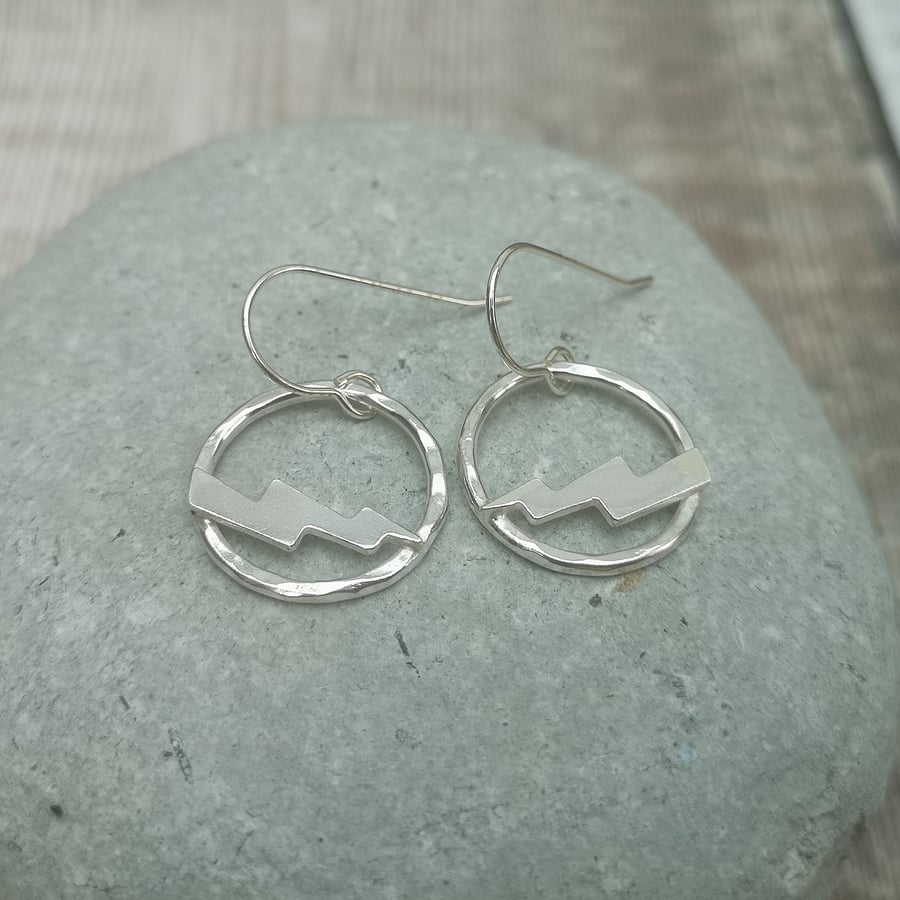 Sterling Silver Circle Hoop Earrings with Lightening Bolt Flash Detail