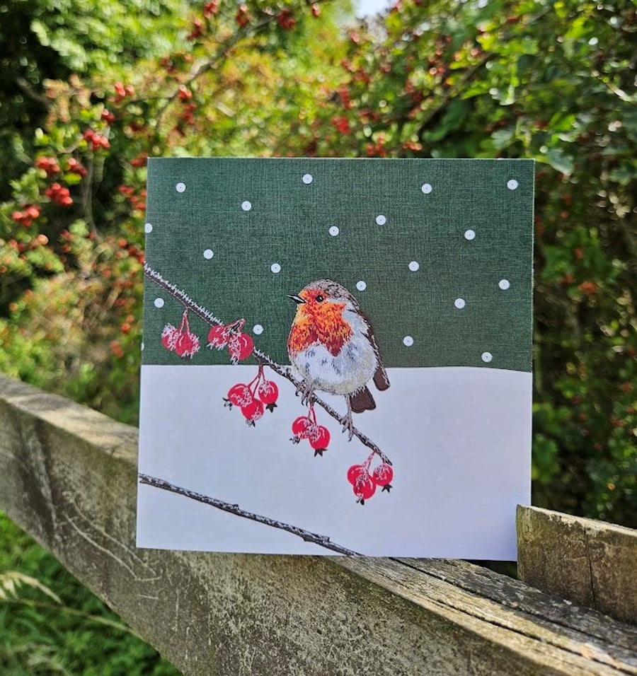 Robin in Snowy Scene, Christmas card, Winter birthday, red berries, frosty, snow