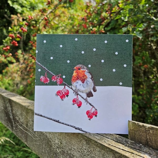 Robin in Snowy Scene, Christmas card, Winter birthday, red berries, frosty, snow