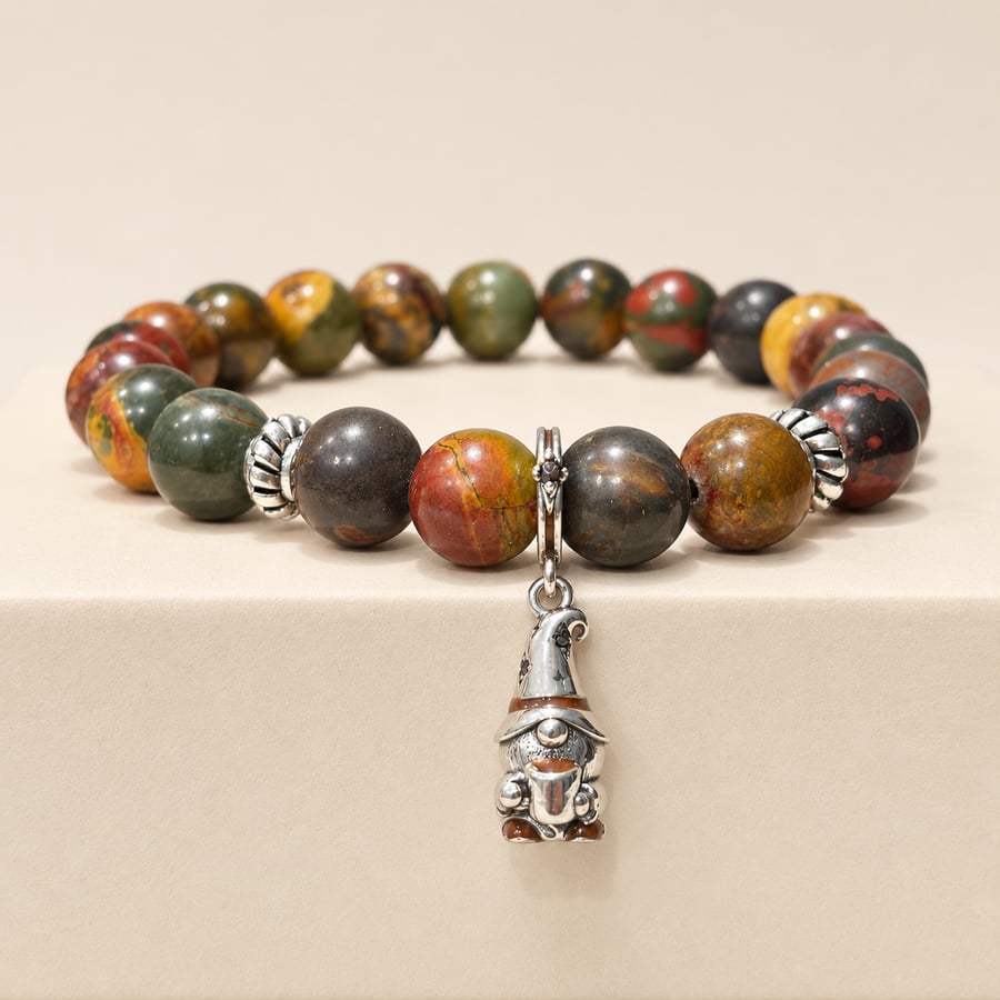 Picasso Jasper and Sterling Silver Coffee Loving Gnome Bracelet.