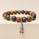 Picasso Jasper and Sterling Silver Coffee Loving Gnome Bracelet.
