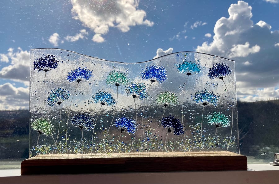 Long Whimsical Blues and Greens Flower meadow fused glass Art Picture