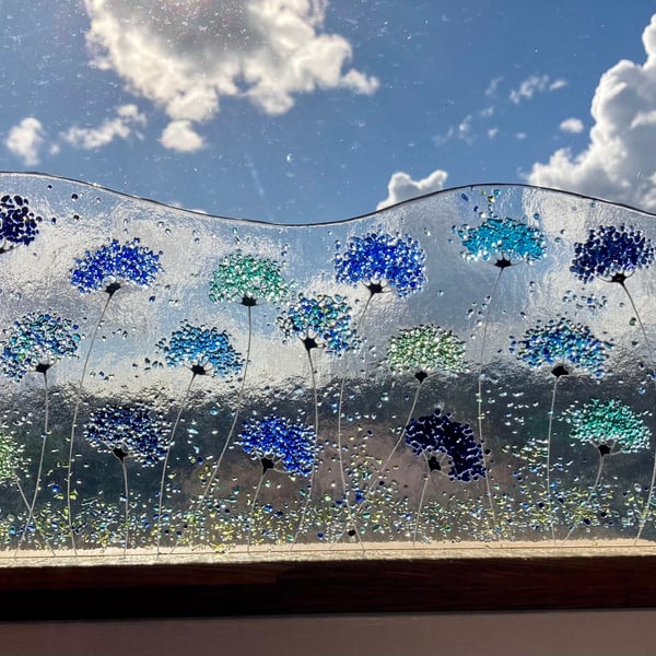 Long Whimsical Blues and Greens Flower meadow fused glass Art Picture
