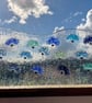 Long Whimsical Blues and Greens Flower meadow fused glass Art Picture