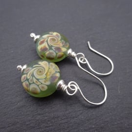 lampwork glass green speckled earrings
