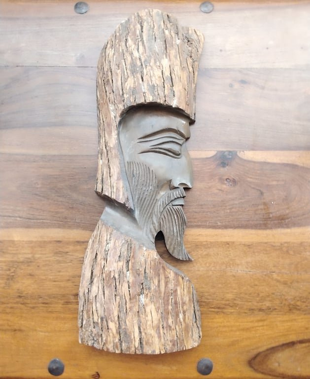 Vintage Tree Bark Profile Hand Carved Mask – Curated Wall Sculpture