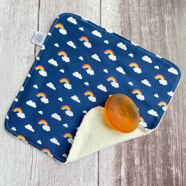 Organic Bamboo Cotton Wash Face Cloth Flannel Navy Mini Rainbows Clouds