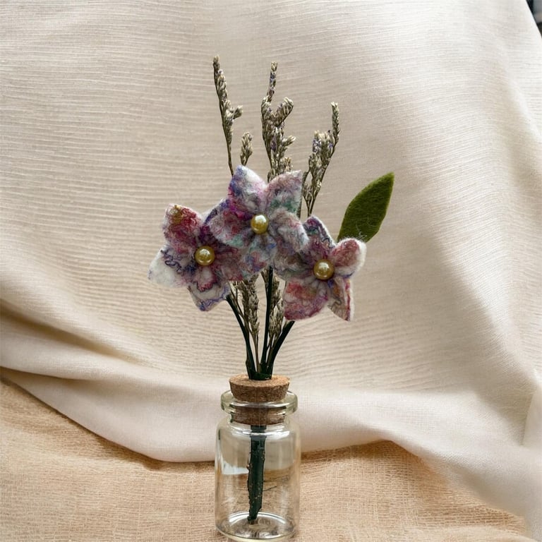  Miniature bouquet of felted flowers in glass bottle vase (white)