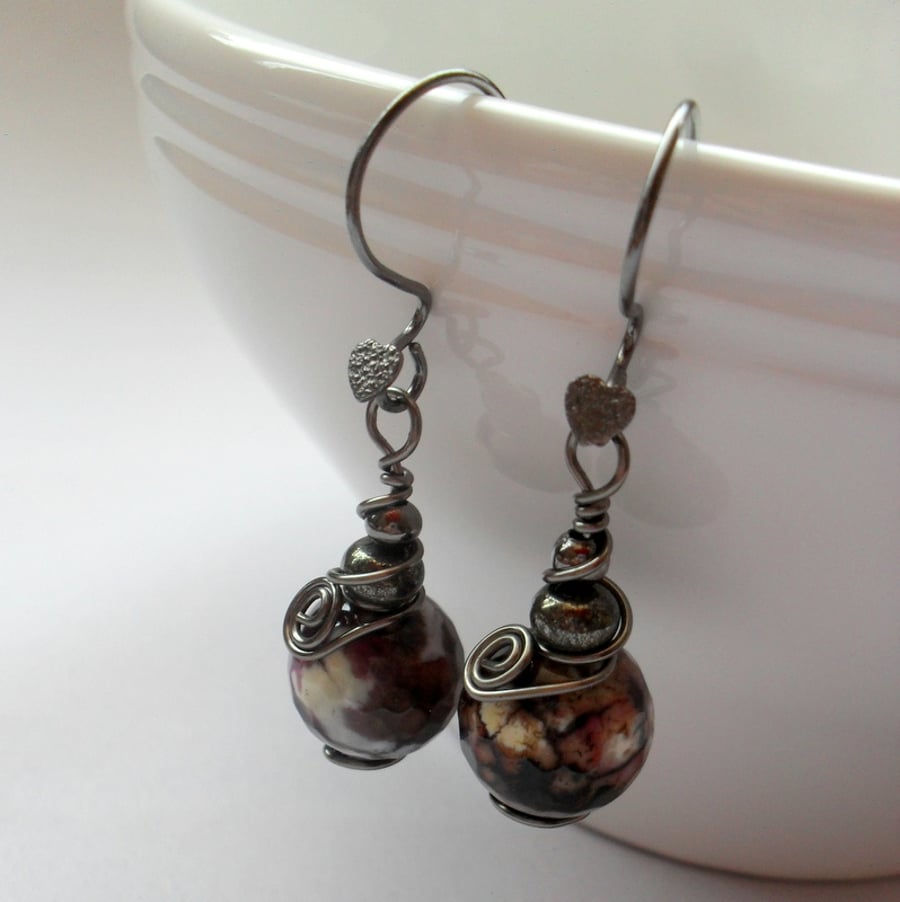 Gunmetal Earrings With Agate Semi Precious Gemstone Drop