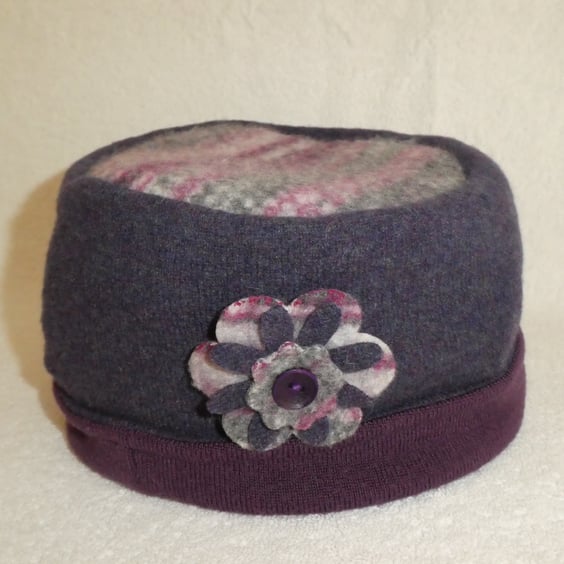 Wool Hat Created from Up-cycled Sweaters. Fair Isle Crown. Purple Hat.Flower Pin