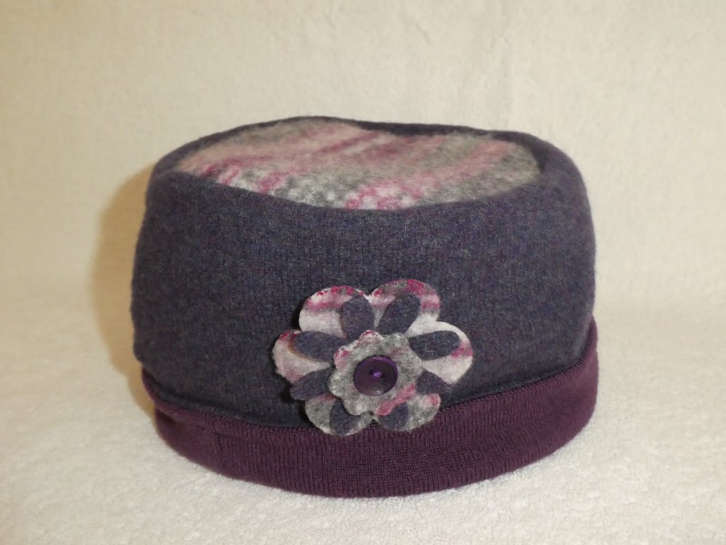 Wool Hat Created from Up-cycled Sweaters. Fair Isle Crown. Purple Hat.Flower Pin