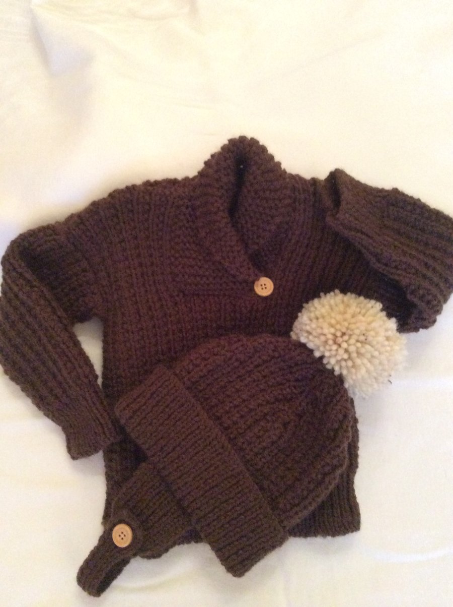 Hand knitted jumper and bobble hat set for boys
