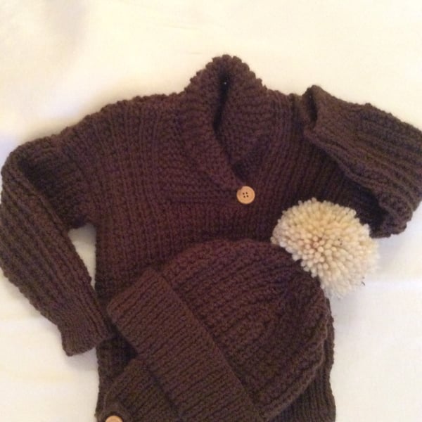 Hand knitted jumper and bobble hat set for boys