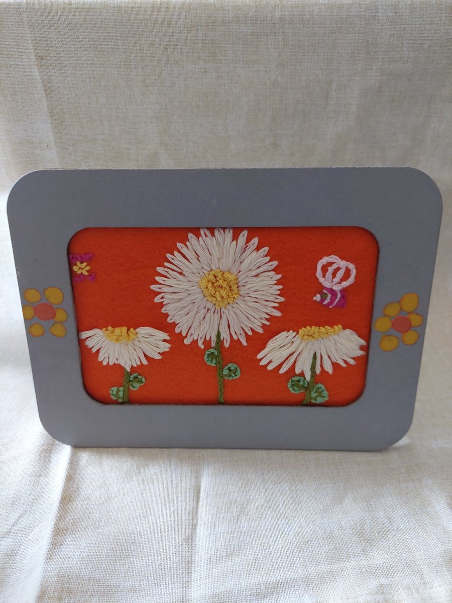 Hand embroidered flowers small picture upcycled painted frame 