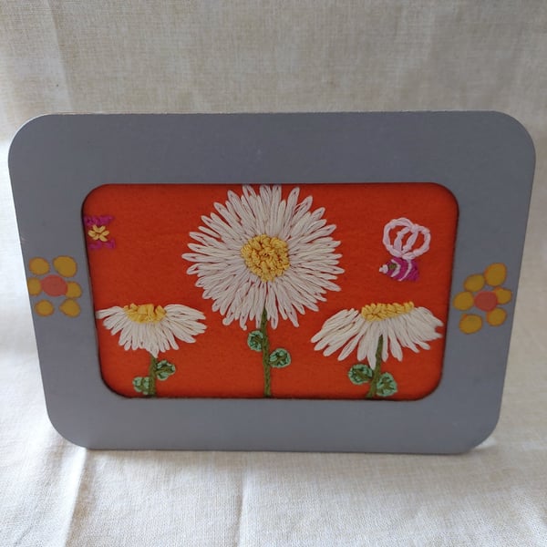 Hand embroidered flowers small picture upcycled painted frame 
