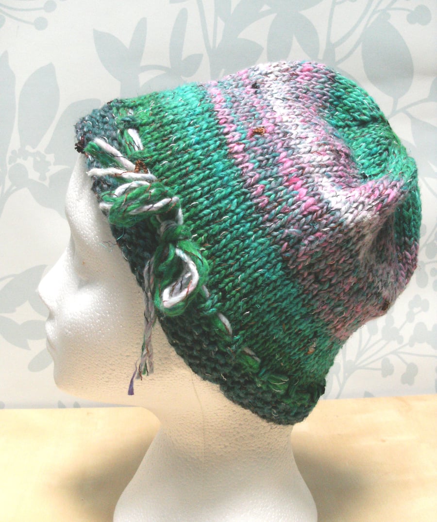 Handknit Noro cotton silk & wool hat SM pink & green multi
