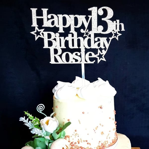 Happy Birthday Cake Topper, Custom Name and Age Cake Topper, 13th Cake Topper