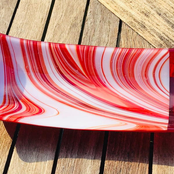 Red swirl glass dish - fused glass 