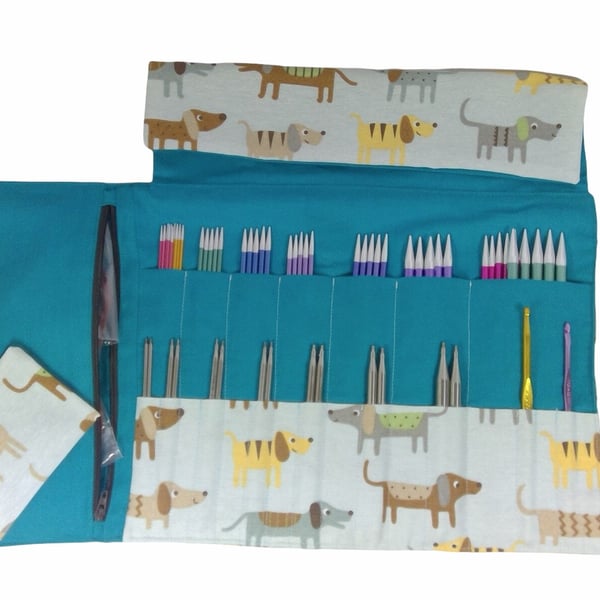 interchangeable and double pointed needle case with dogs, knitting needle pouch,