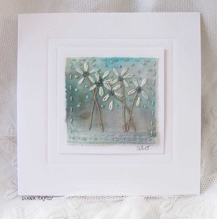 HAND EMBROIDERED BEADED FLORAL GREETING CARD