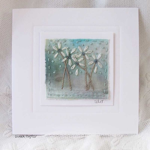 HAND EMBROIDERED BEADED FLORAL GREETING CARD