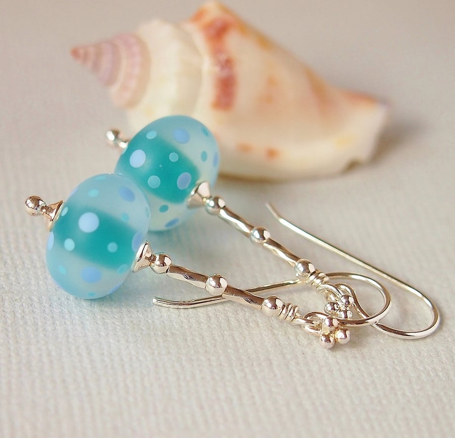 Sea Green Lampwork Earrings, Blue Grey Glass Bead Earrings, Sterling Silver 