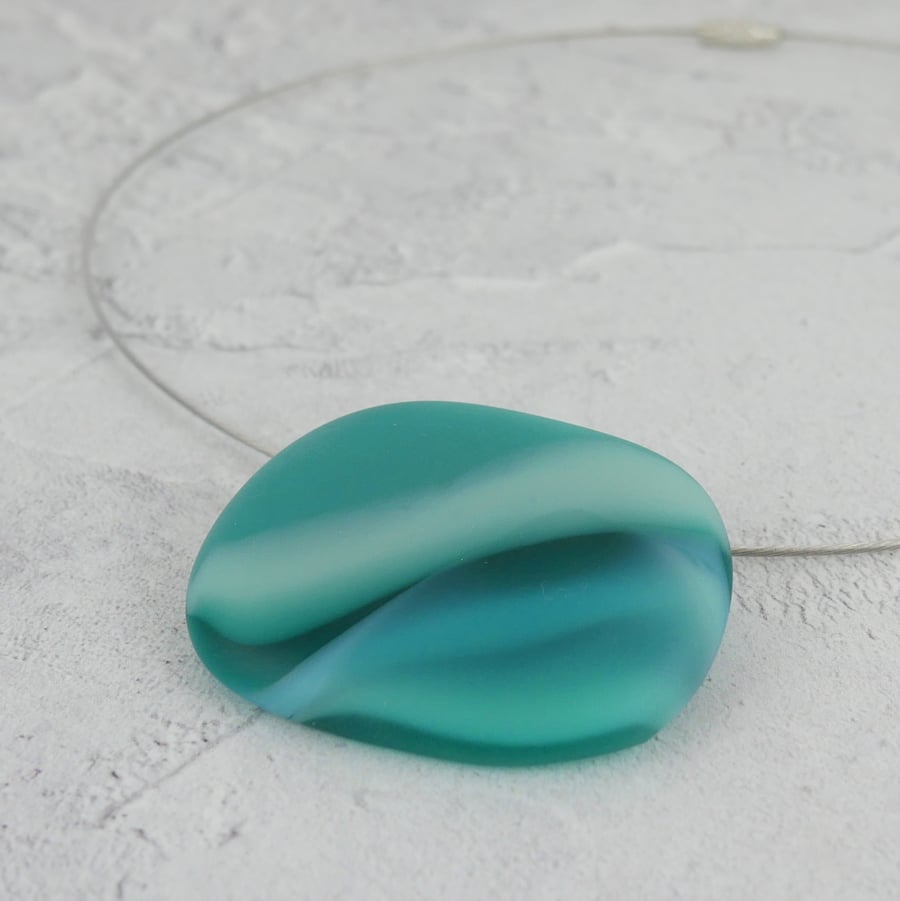 Aqua Glass Pebble Pendant on Choker Necklace