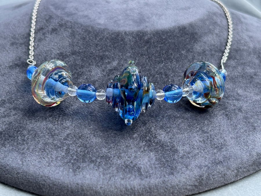 blue fancy lampwork glass beaded necklace