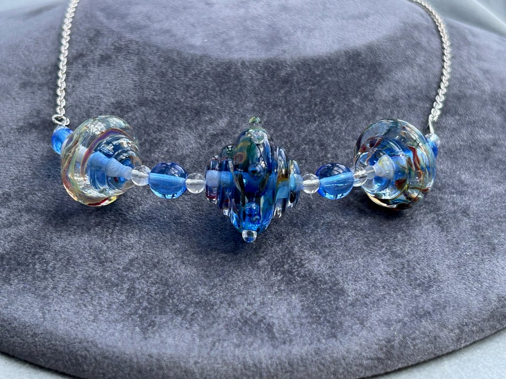 blue fancy lampwork glass beaded necklace
