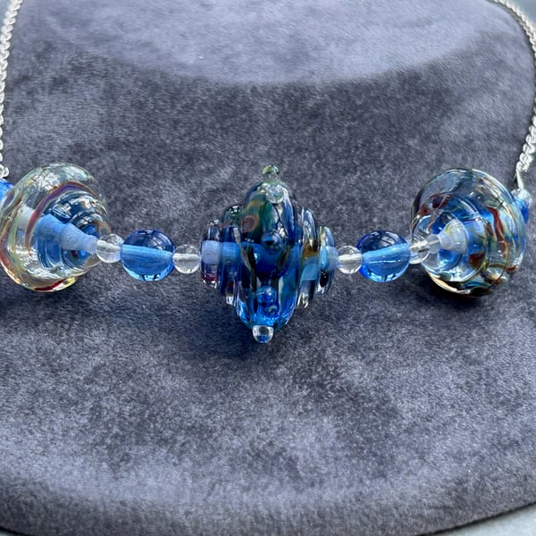 blue fancy lampwork glass beaded necklace