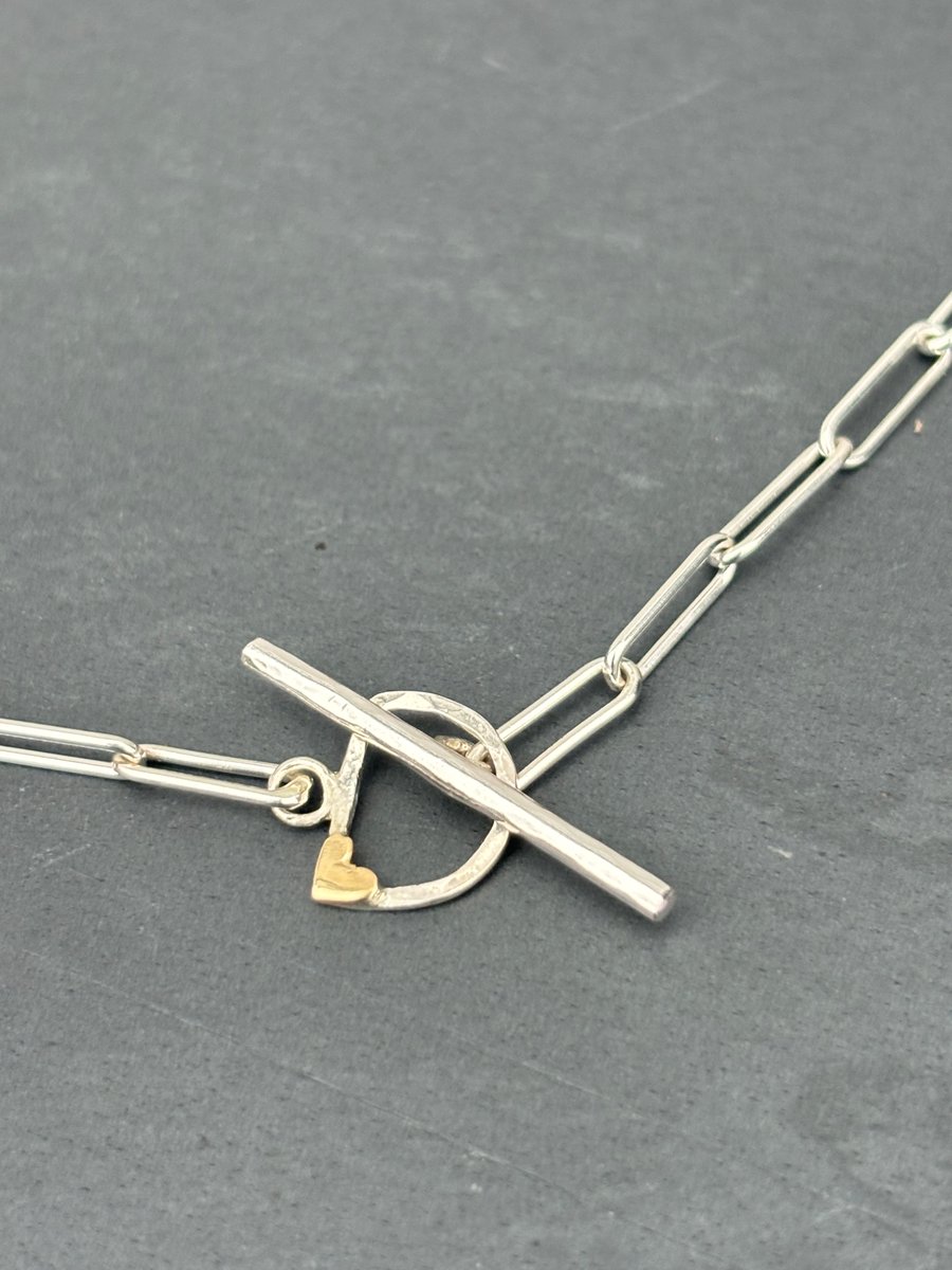 Gold Heart Fob Necklace, silver toggle necklace, delicate toggle chain, 